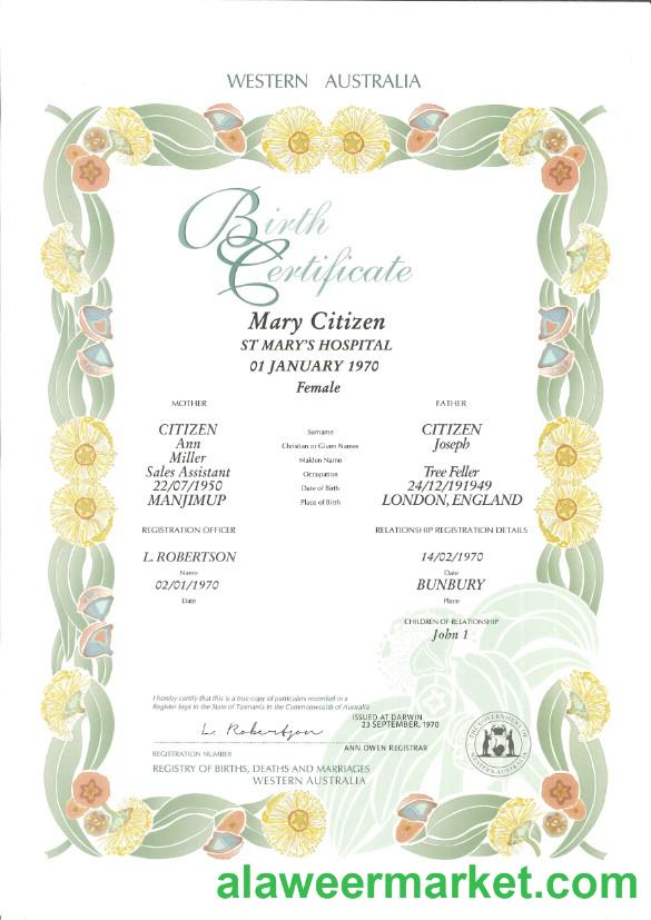 Australia Western Australia decorative (commemorative) birth certificate template in PSD format